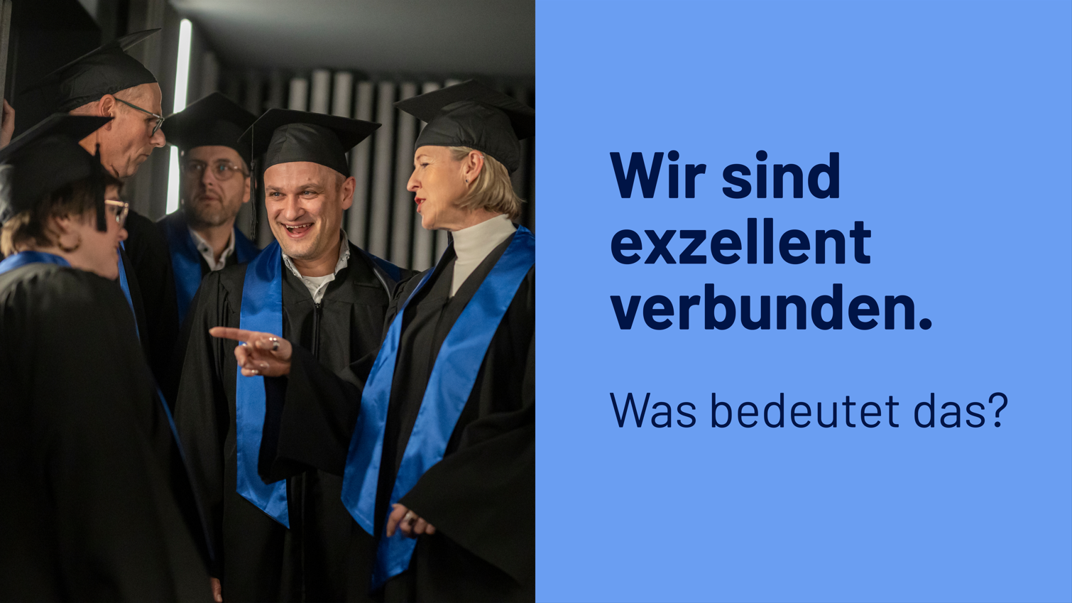 5 Alumnis sprechen miteinander. Bildtext:" Wir sind exzellent verbunden. Was bedeutet das?"