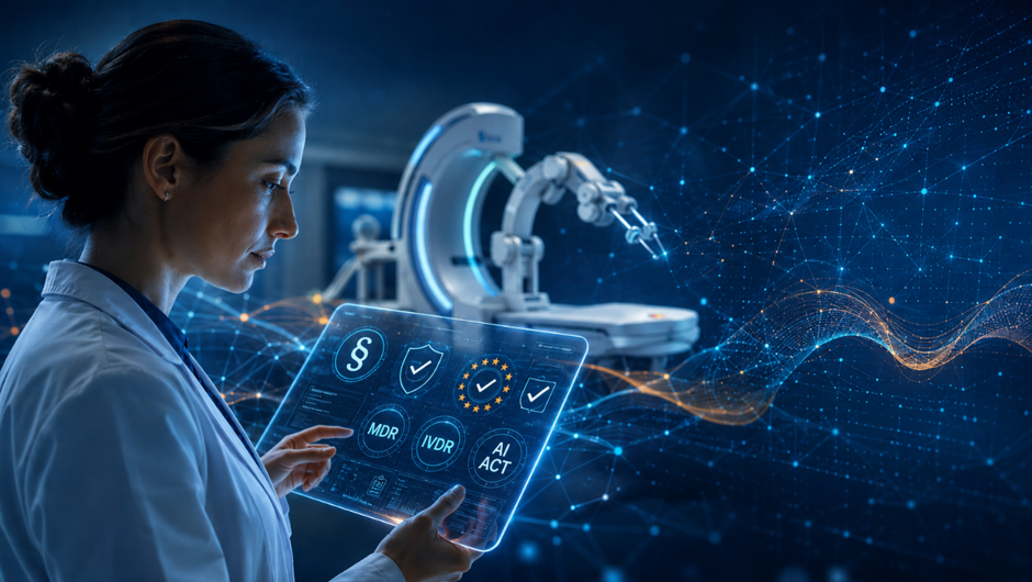 Woman in white coat in front of medical device with transparent display and digital symbols