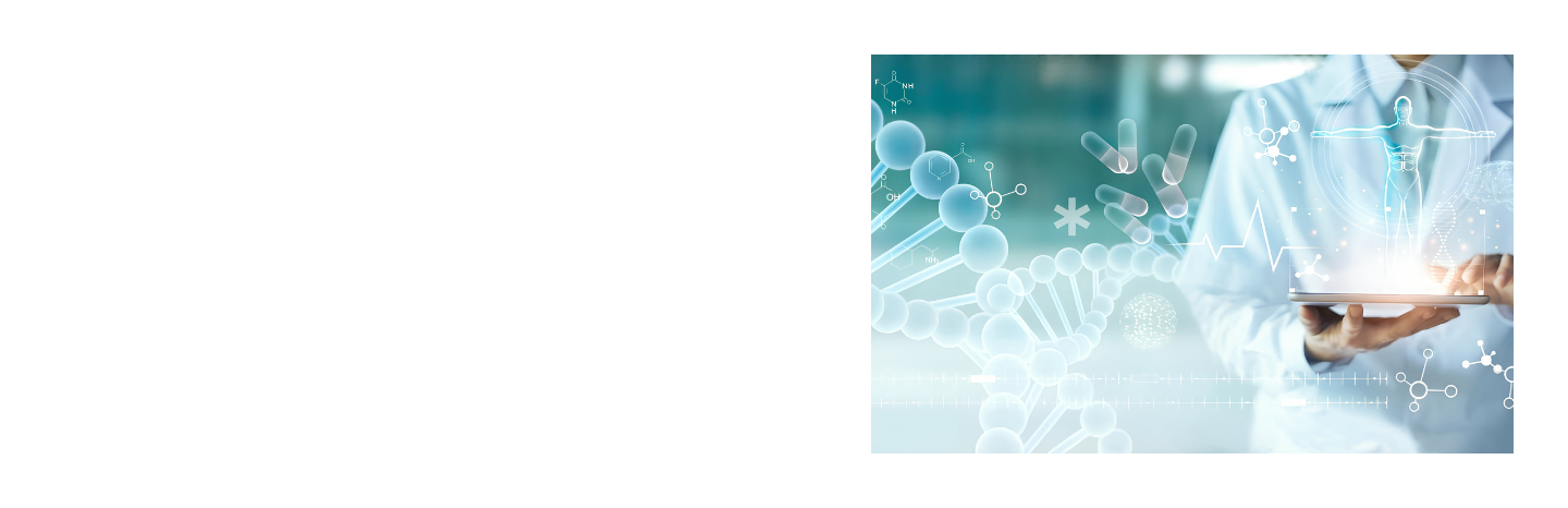 A person in a lab coat holds a tablet surrounded by digital visualizations of medical and molecular structures.